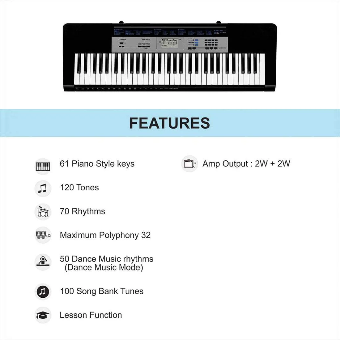 Casio CTK 1550 61 Key Standard Portable Keyboard With Power Adapter, Gigbag, Cloth & Ebook - Image 3