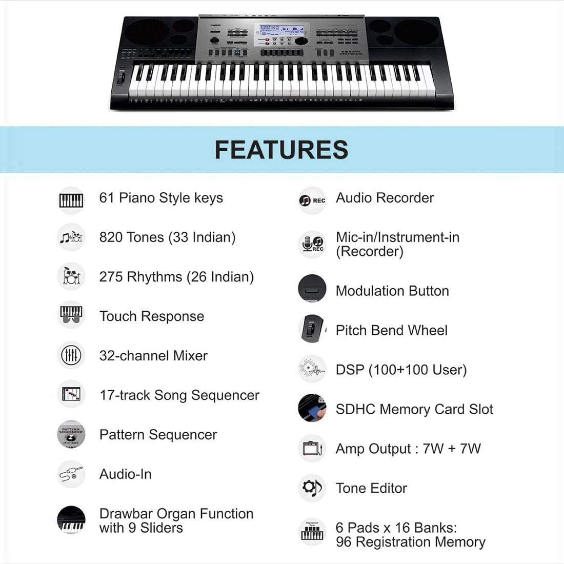 Casio CTK-7300IN Keyboard, 61-keys with Adaptor and Stand - Image 3
