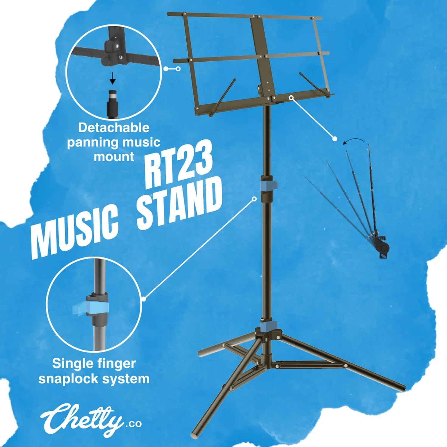 Chetty RT23 Collapsible Tripod Music Stand with Detachable Music Mount - Image 3