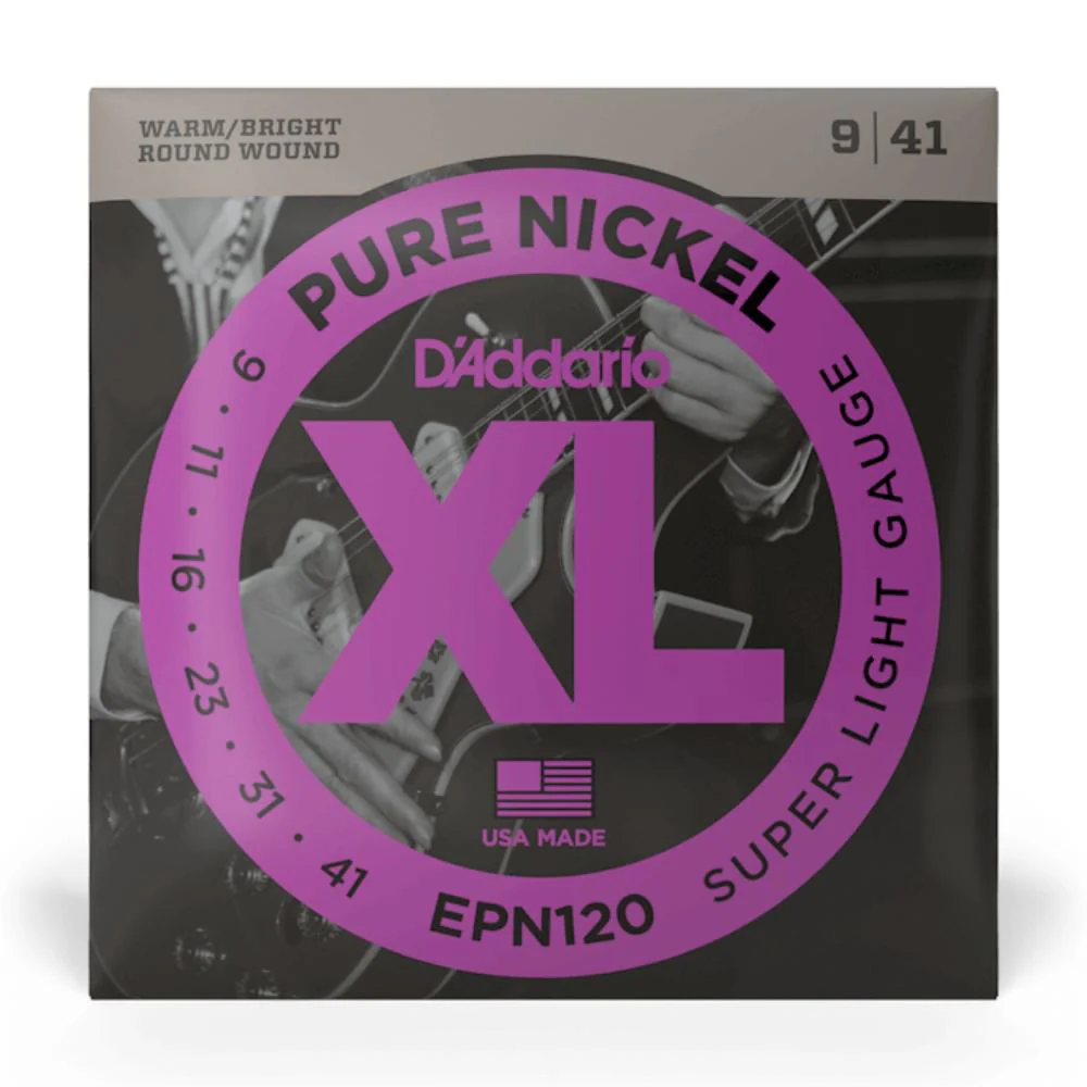 D'Addario EPN120 XL Pure Nickel Wound Super Light Electric Guitar Strings 09-41