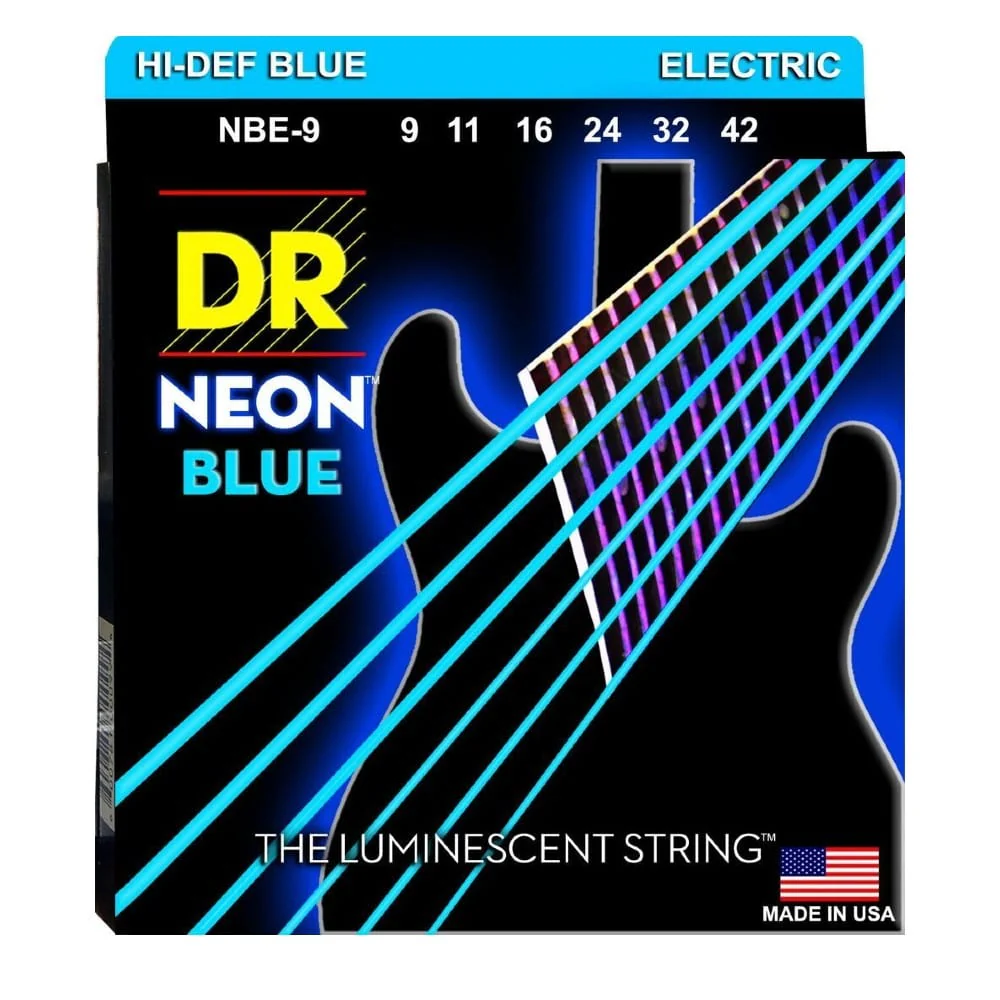 DR String NBE-9 Hi Def Neon Blue Colored Electric Guitar Strings - Light - 9-42