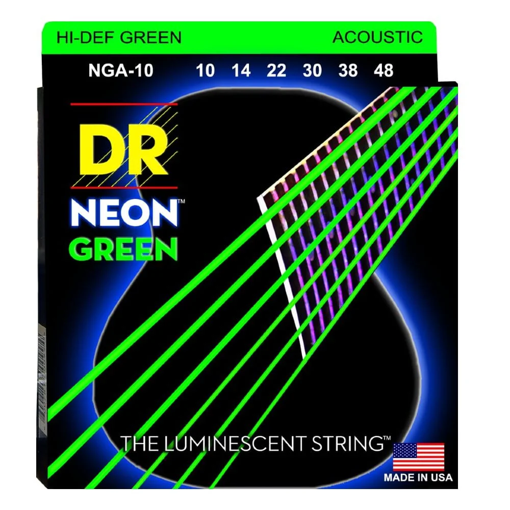 DR String NGA10 Hi Def Neon Green Colored Acoustic Guitar Strings - Extra Light - 10-48