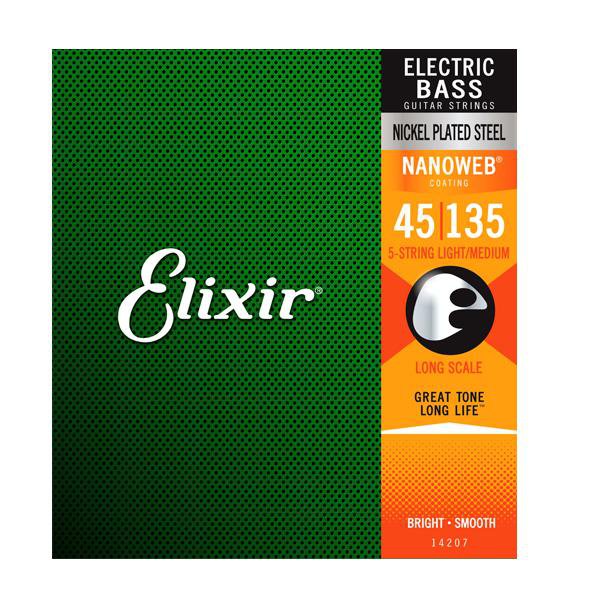 Elixir 14207 Nanoweb 5-String Electric Bass Guitar Strings Long Scale Light Medium - 45-135