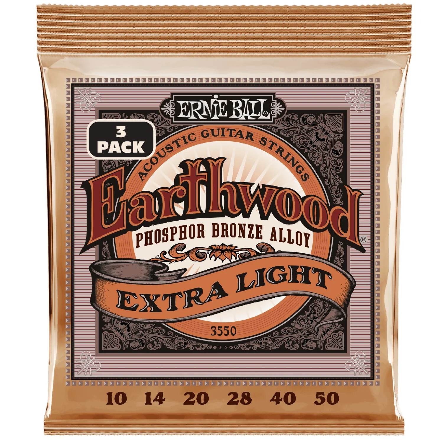 Ernie Ball 3550 Extra Light Earthwood Phosphor Bronze Acoustic Guitar Strings 3 Pack - .10-.50