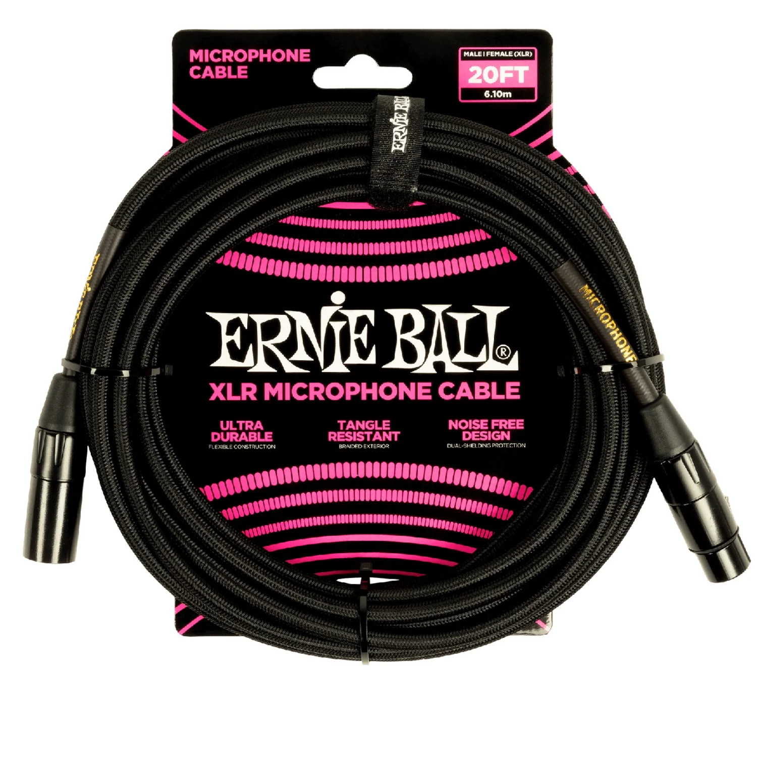 Ernie Ball 6392 20ft Braided Male Female XLR Microphone Cable - Black