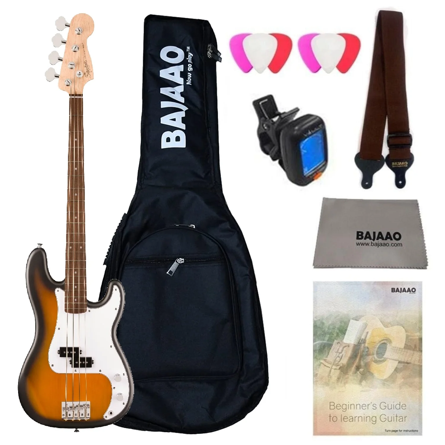 Fender Squier Debut Precision Bass Guitar with Gigbag, Polishing Cloth, Picks, Strap, Tuner & Ebook