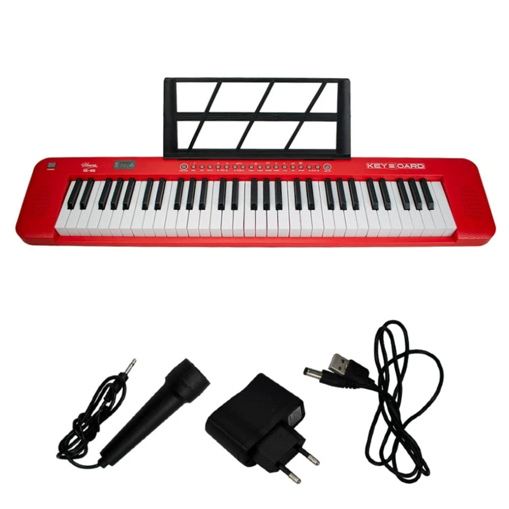 Henrix KB-601 Portable 61 Full Size Keys Keyboard with Adapter and Microphone - Red - Open Box