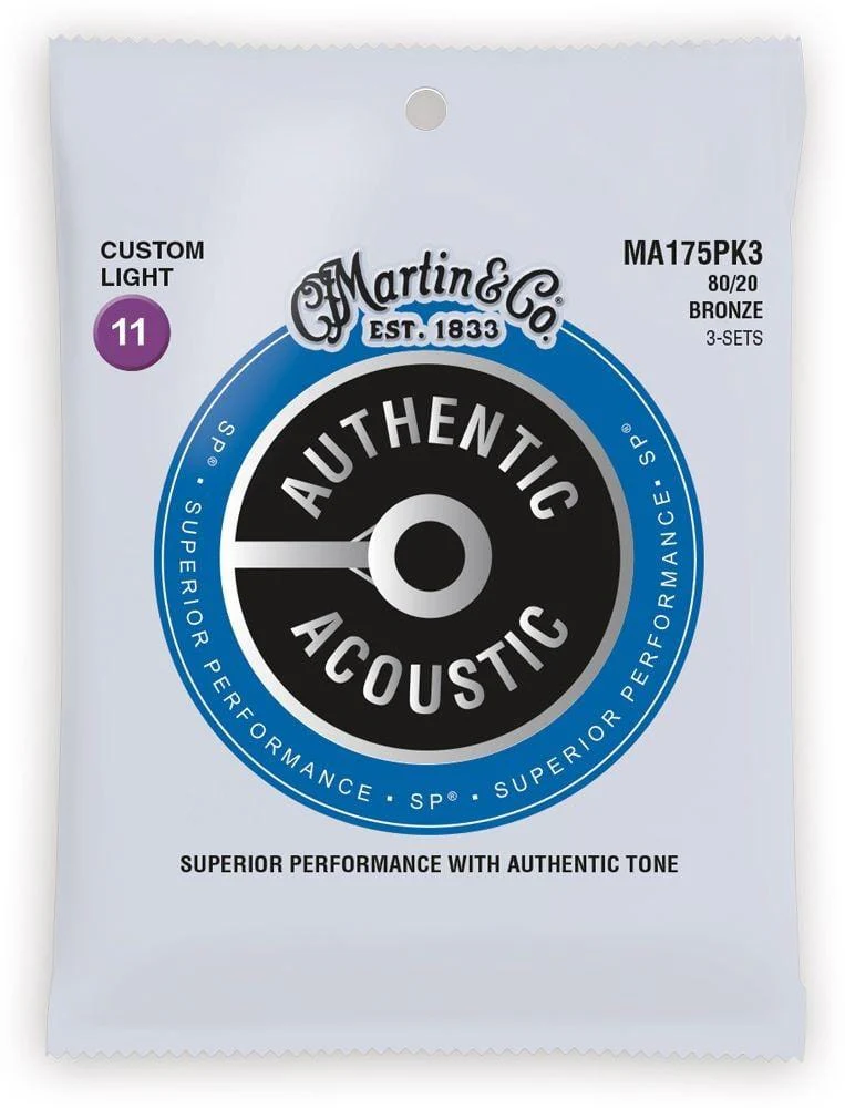 Martin 80/20 Bronze Authentic Acoustic Guitar Strings - Packs of 3 - Custom Light .011-.052