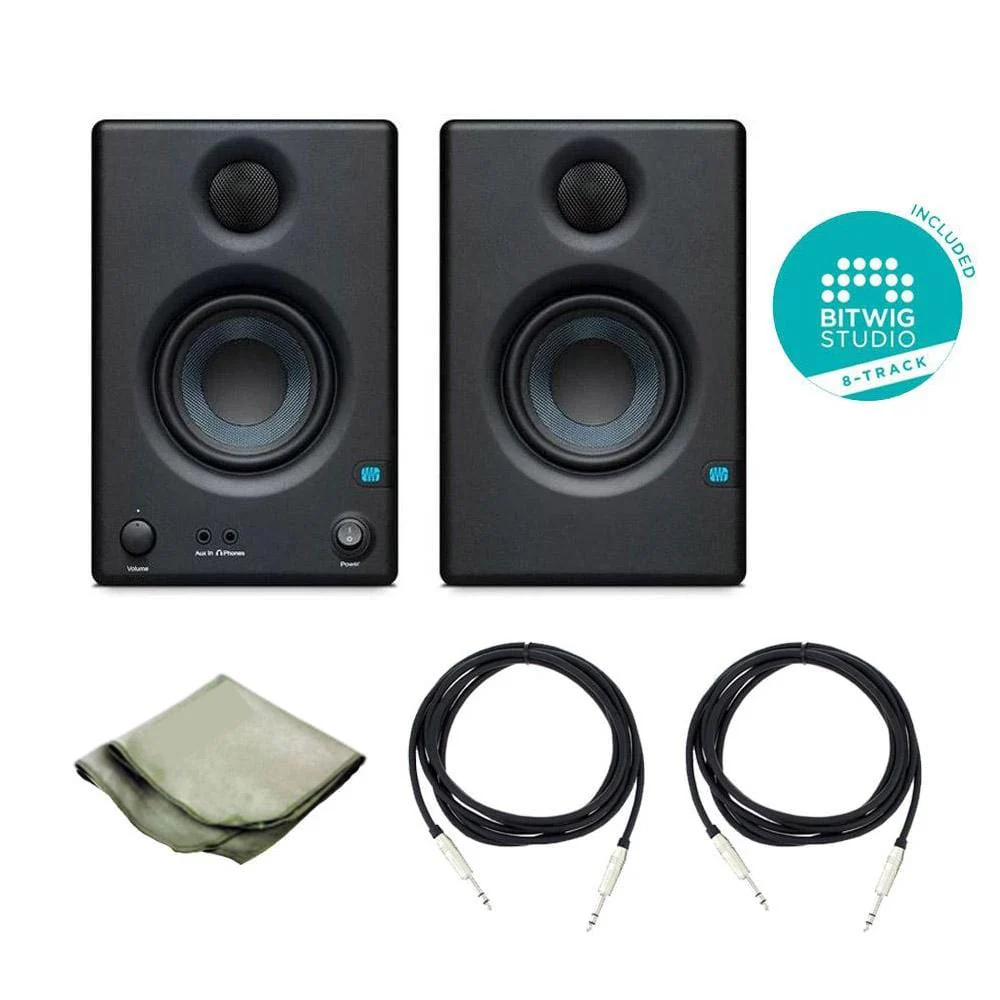 Presonus Eris E3.5 Active Studio Monitors - Pair With Polishing Cloth, 2x TRS Cables & Bitwig Software