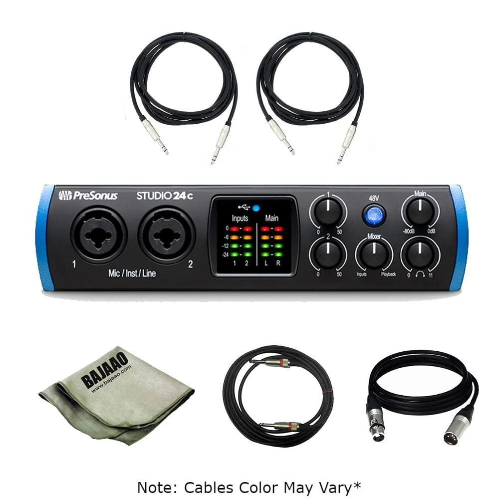 PreSonus Studio 24 c Portable High Definition Usb C Audio Interface With Polishing Cloth & Cables Bundle