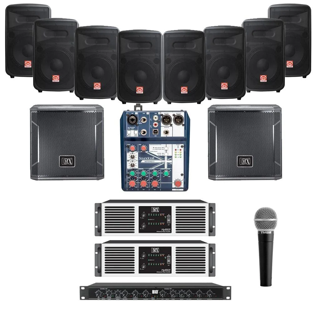 Restaurant Sound System with 8xSuperlux SF8 Wall Mount Loudspeakers, 2xSubwoofer, 2xAmplifier, Crossover, Mic & Soundcraft Mixer