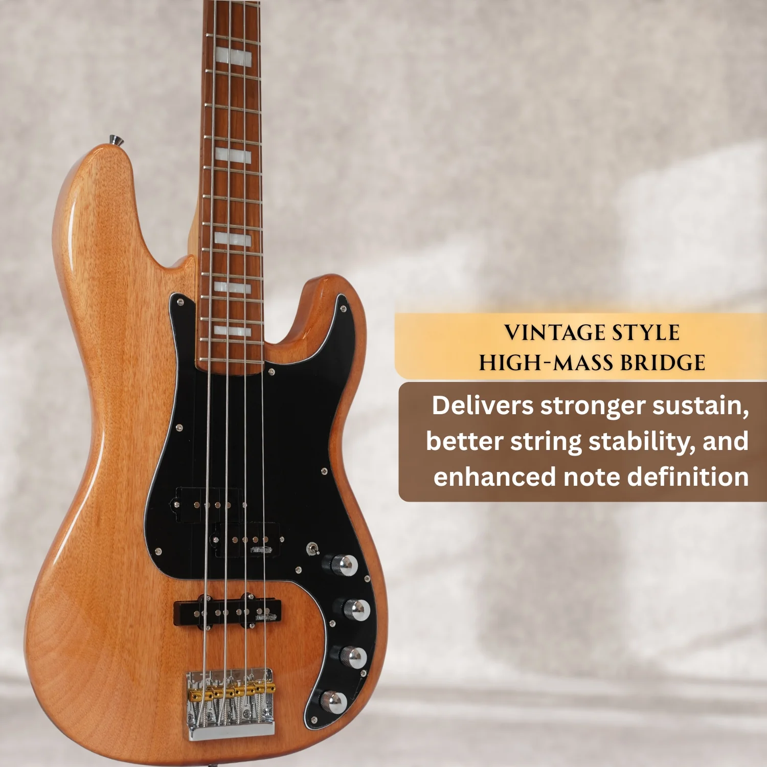 Vault Artisan PB 4-string Active PJ Bass Guitar with Wilkinson Pickups, Roasted Maple Neck & Fingerboard, Full Solid Mahogany Body, Fixed Bridge with Brass Saddle, Natural Gloss Finish - Image 3
