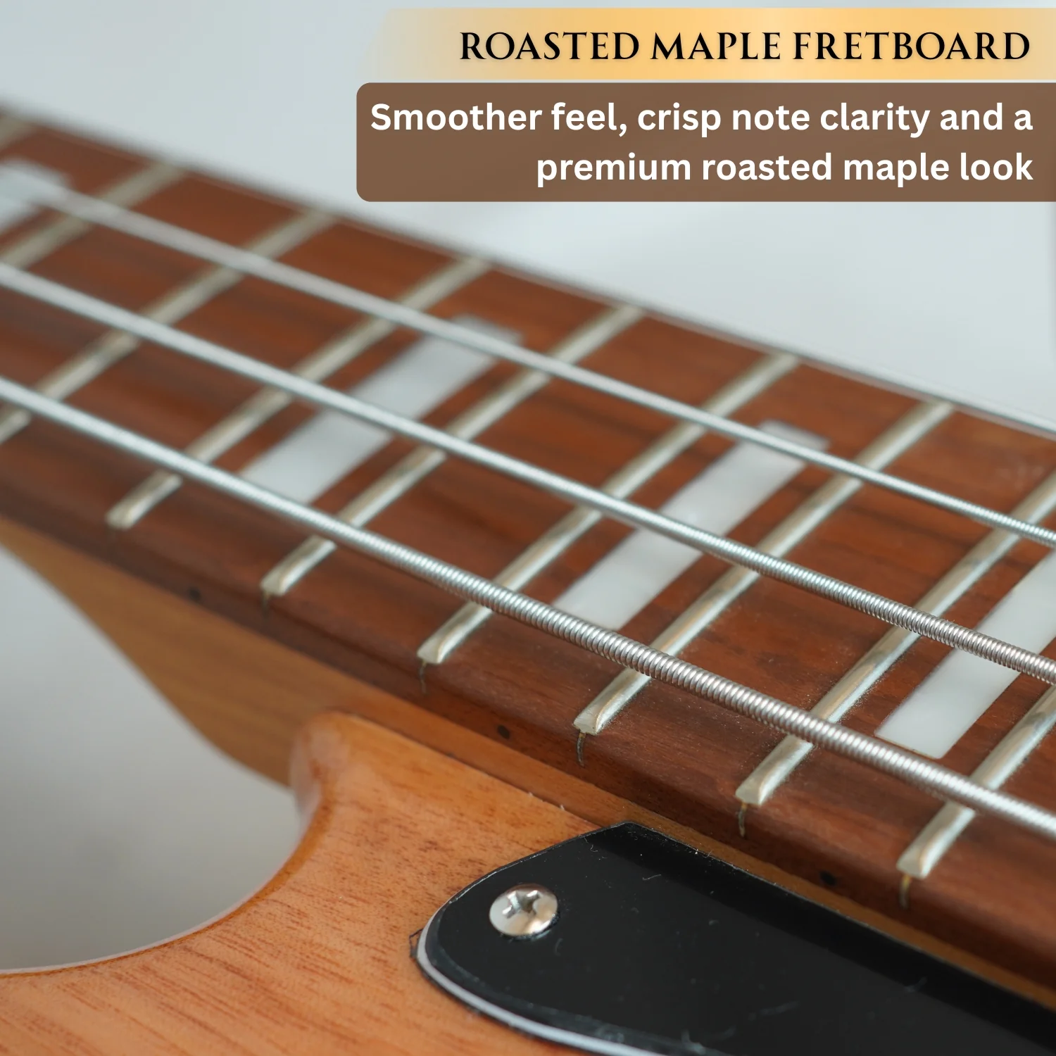 Vault Artisan PB 4-string Active PJ Bass Guitar with Wilkinson Pickups, Roasted Maple Neck & Fingerboard, Full Solid Mahogany Body, Fixed Bridge with Brass Saddle, Natural Gloss Finish - Image 5