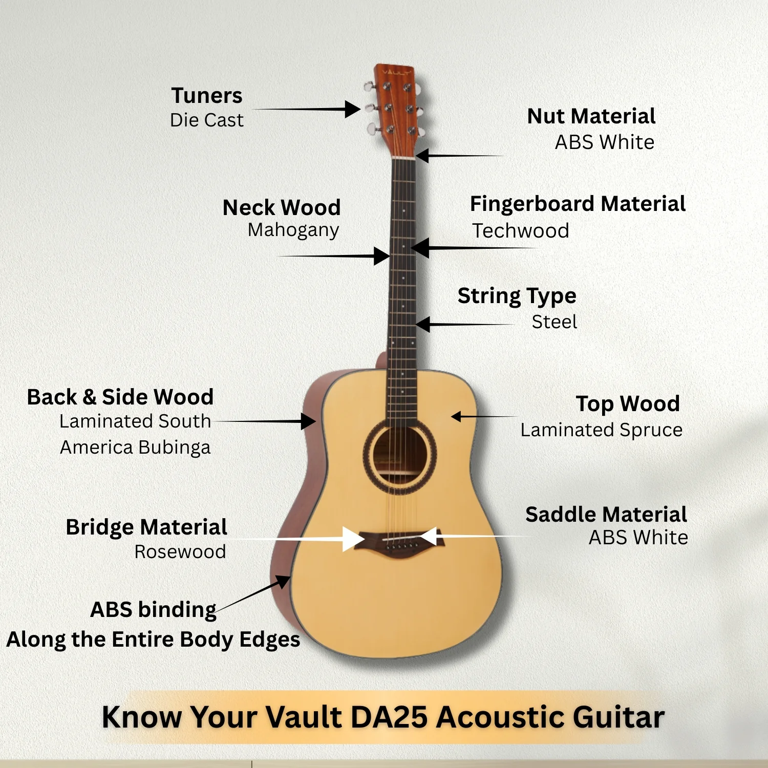 Vault DA25 Dreadnought Shape Acoustic Guitar with Bubinga Back and Sides - Image 2