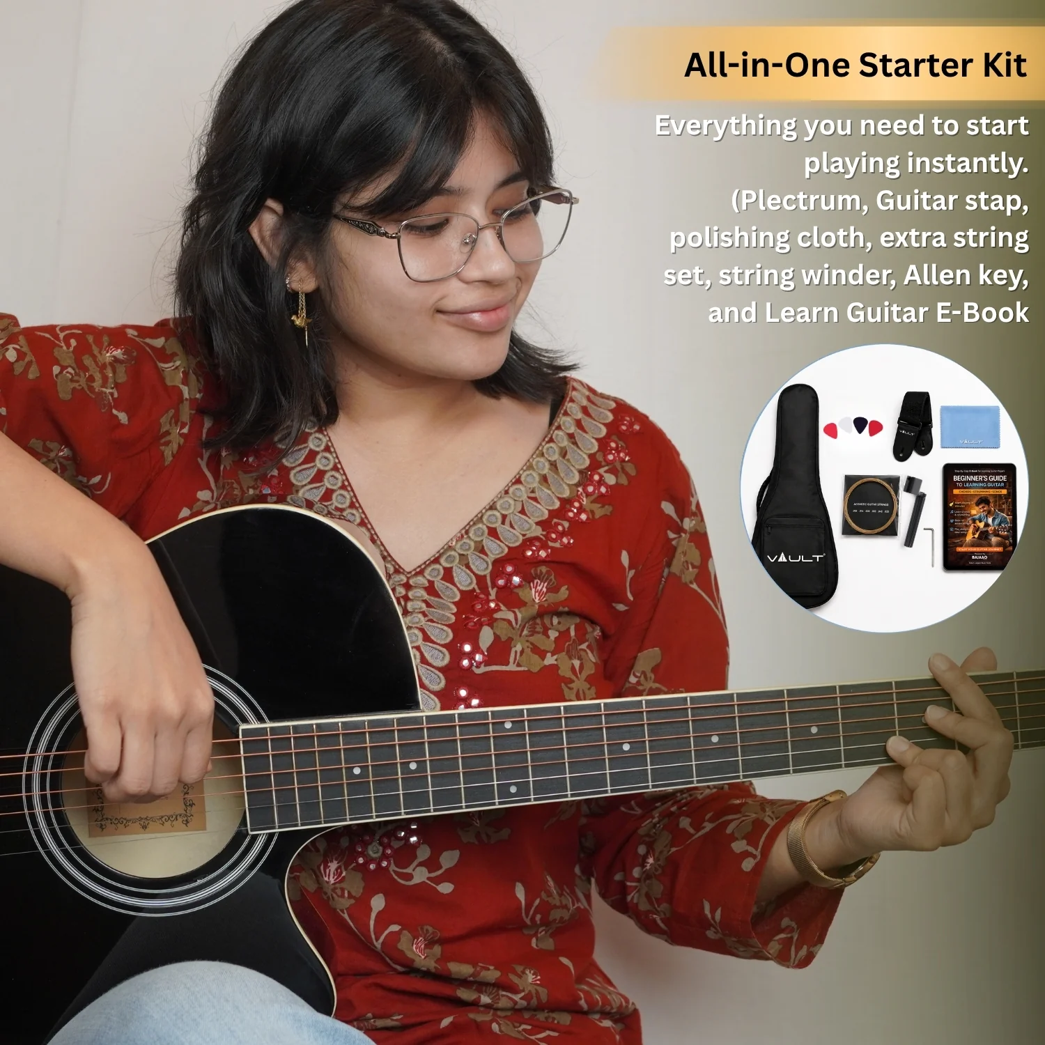 Vault EA20 Guitar Kit with Learn to Play Ebook, Bag, Strings, Straps, Picks, String winder & Polishing Cloth - 40 inch Cutaway Acoustic Guitar - Image 14