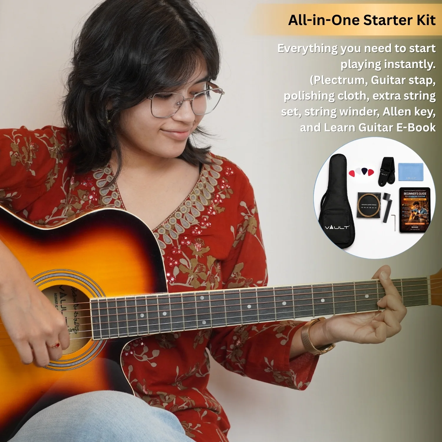 Vault EA20 Guitar Kit with Learn to Play Ebook, Bag, Strings, Straps, Picks, String winder & Polishing Cloth - 40 inch Cutaway Acoustic Guitar - Image 25