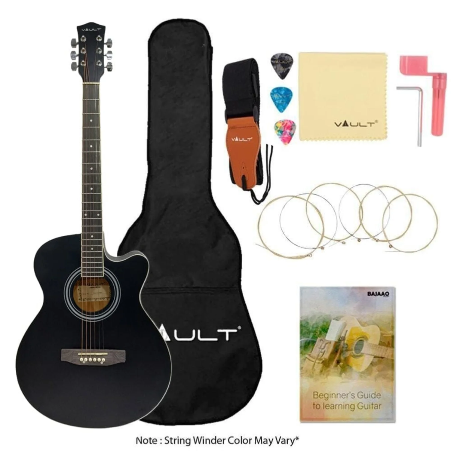 Vault EA20 Guitar Kit with Learn to Play Ebook, Bag, Strings, Straps, Picks, String winder & Polishing Cloth - 40 inch Cutaway Acoustic Guitar - Image 42