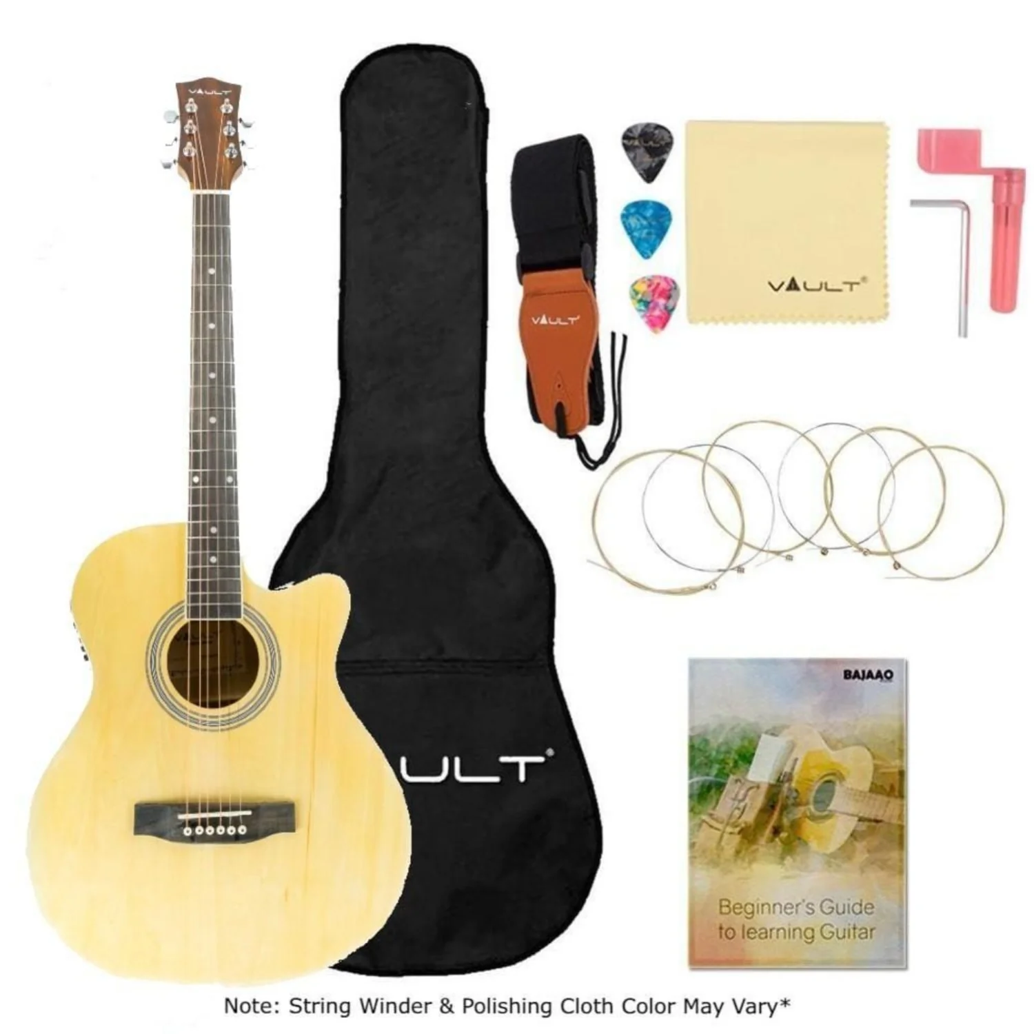 Vault EA20 Guitar Kit with Learn to Play Ebook, Bag, Strings, Straps, Picks, String winder & Polishing Cloth - 40 inch Cutaway Acoustic Guitar - Image 48
