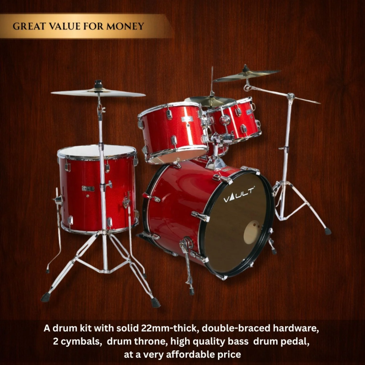 Vault Groover 22" 5-Piece Acoustic Drum Kit with Hardware, Cymbals & Throne - Image 16