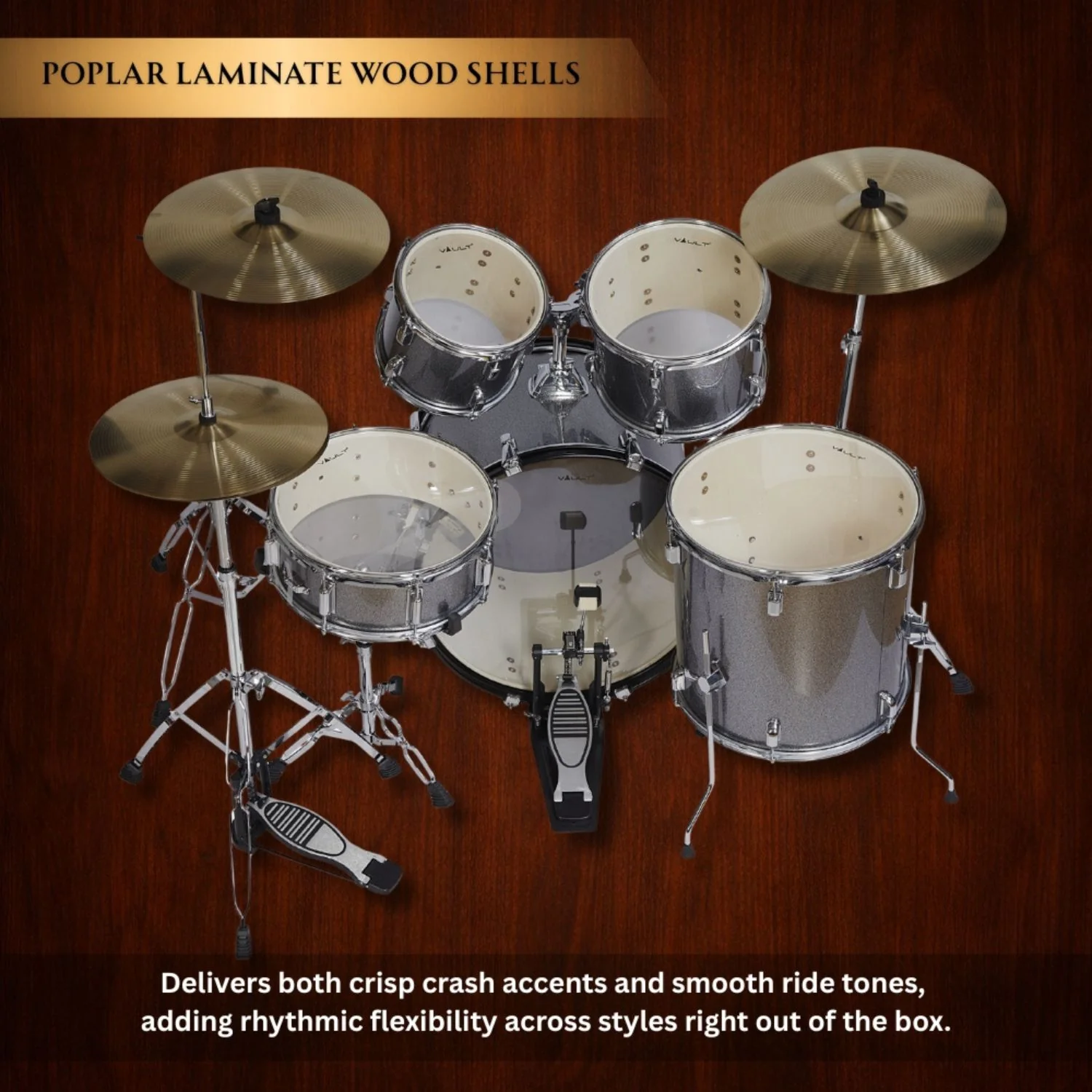 Vault Groover 22" 5-Piece Acoustic Drum Kit with Hardware, Cymbals & Throne - Image 48