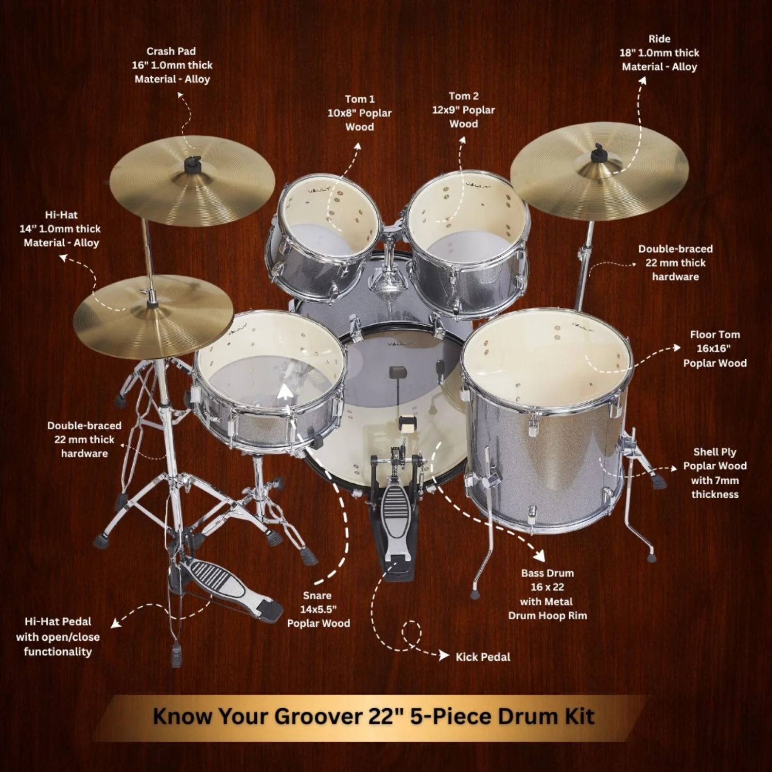 Vault Groover 22" 5-Piece Acoustic Drum Kit with Hardware, Cymbals & Throne - Image 50
