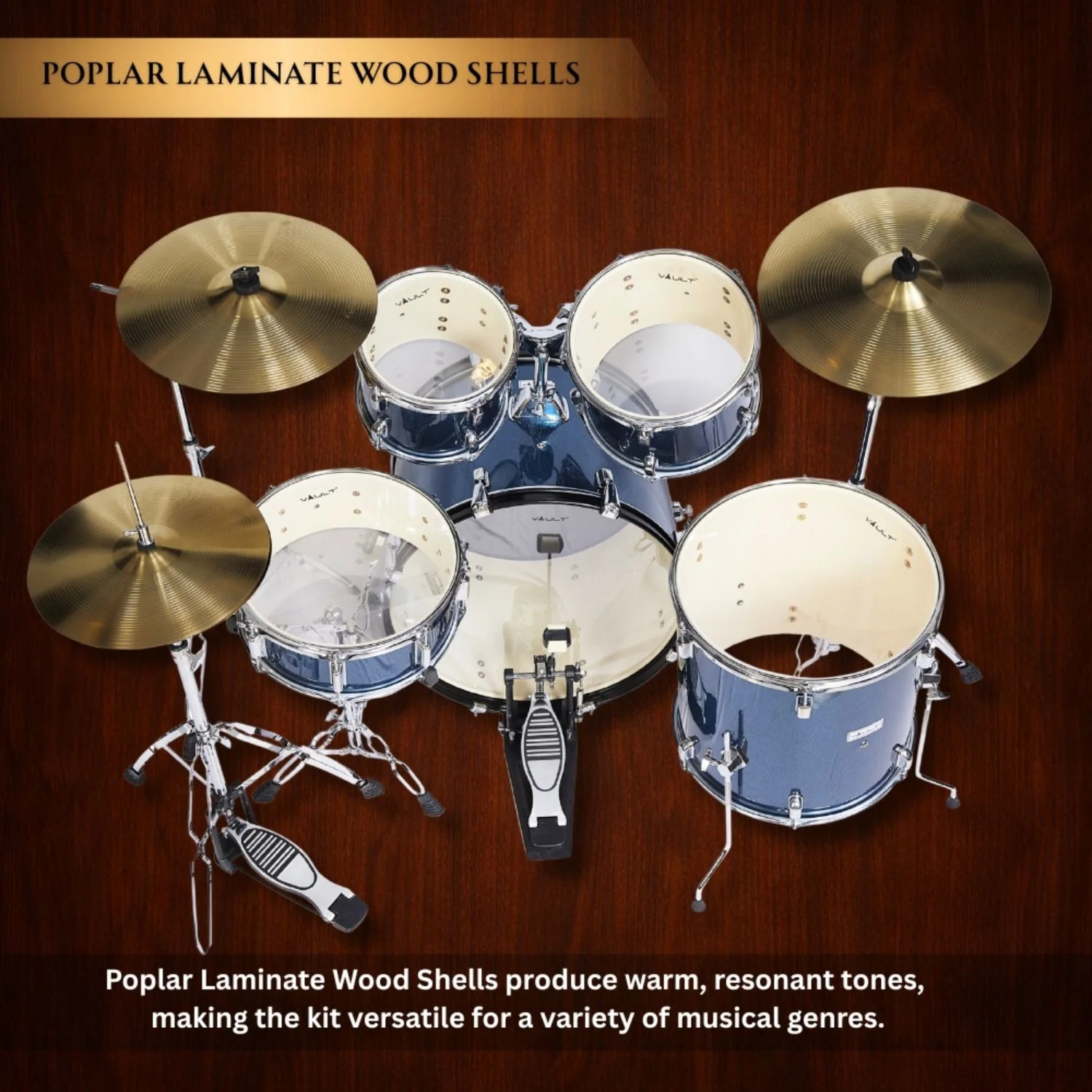 Vault Groover 22" 5-Piece Acoustic Drum Kit with Hardware, Cymbals & Throne - Image 6