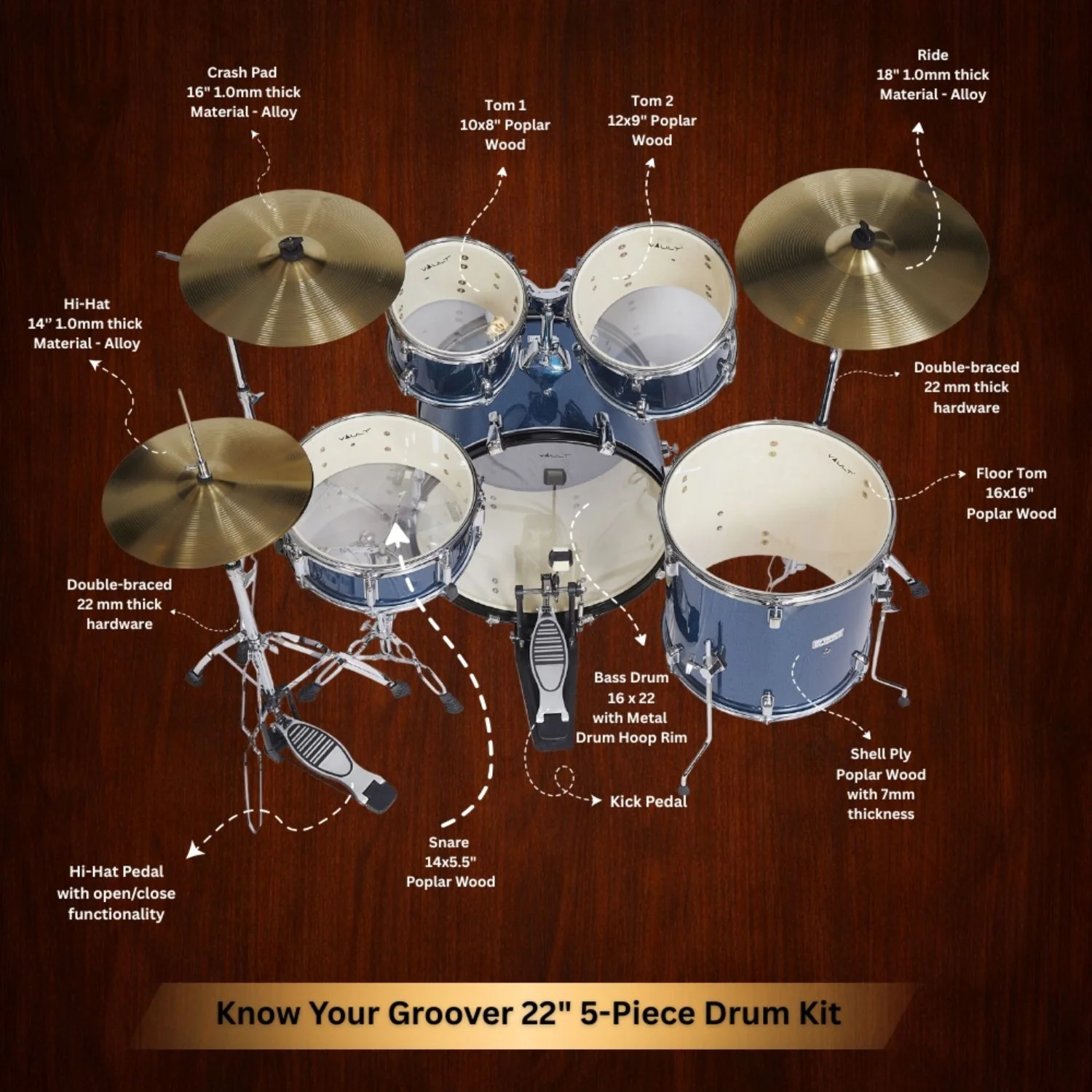 Vault Groover 22" 5-Piece Acoustic Drum Kit with Hardware, Cymbals & Throne - Image 8