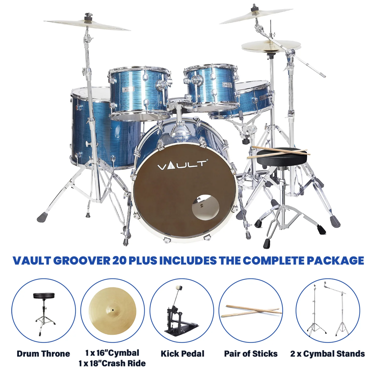 Vault Groover Plus 5-Piece Acoustic Drum Kit with Hardware, Cymbals & Throne - Image 42