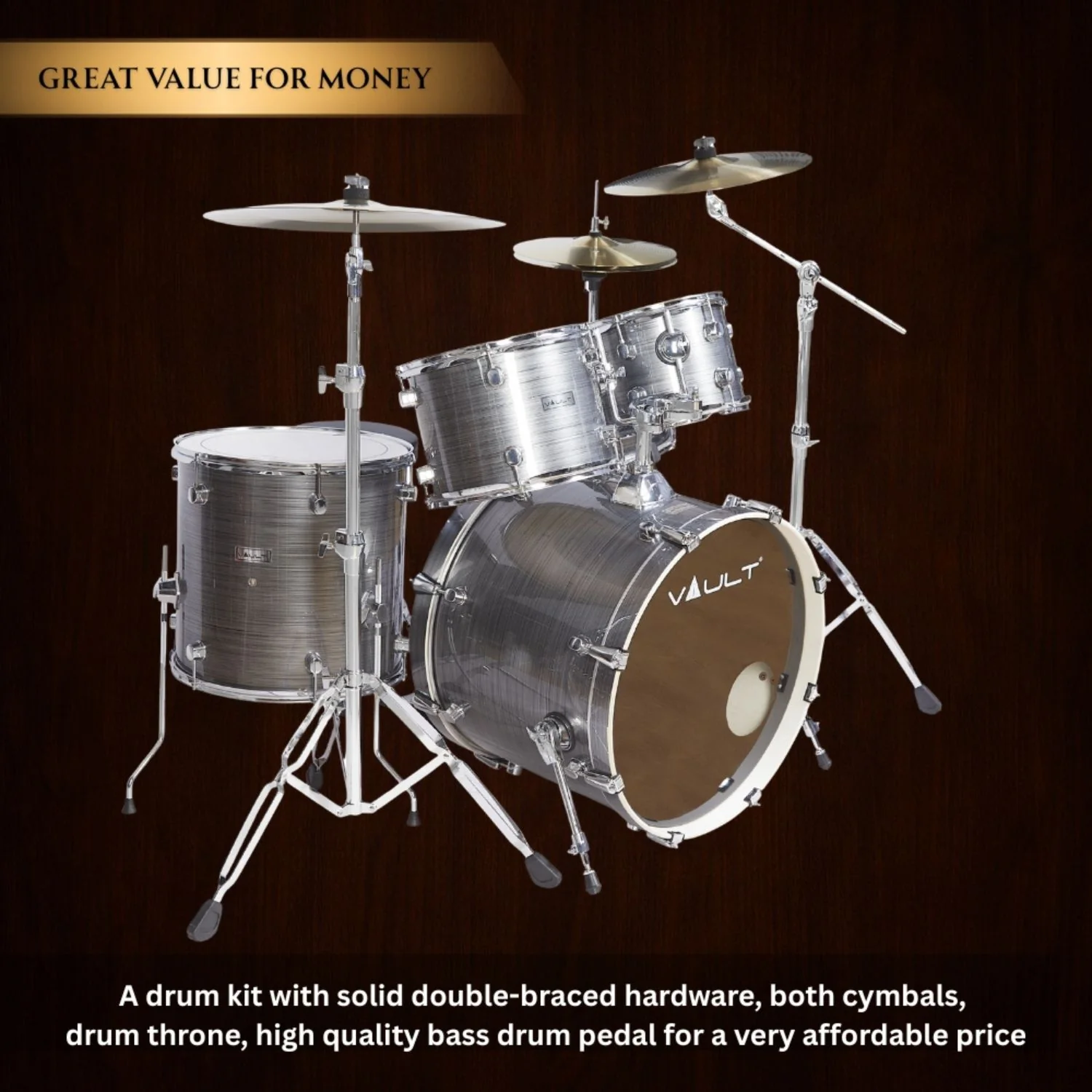 Vault Groover Plus 5-Piece Acoustic Drum Kit with Hardware, Cymbals & Throne - Image 59