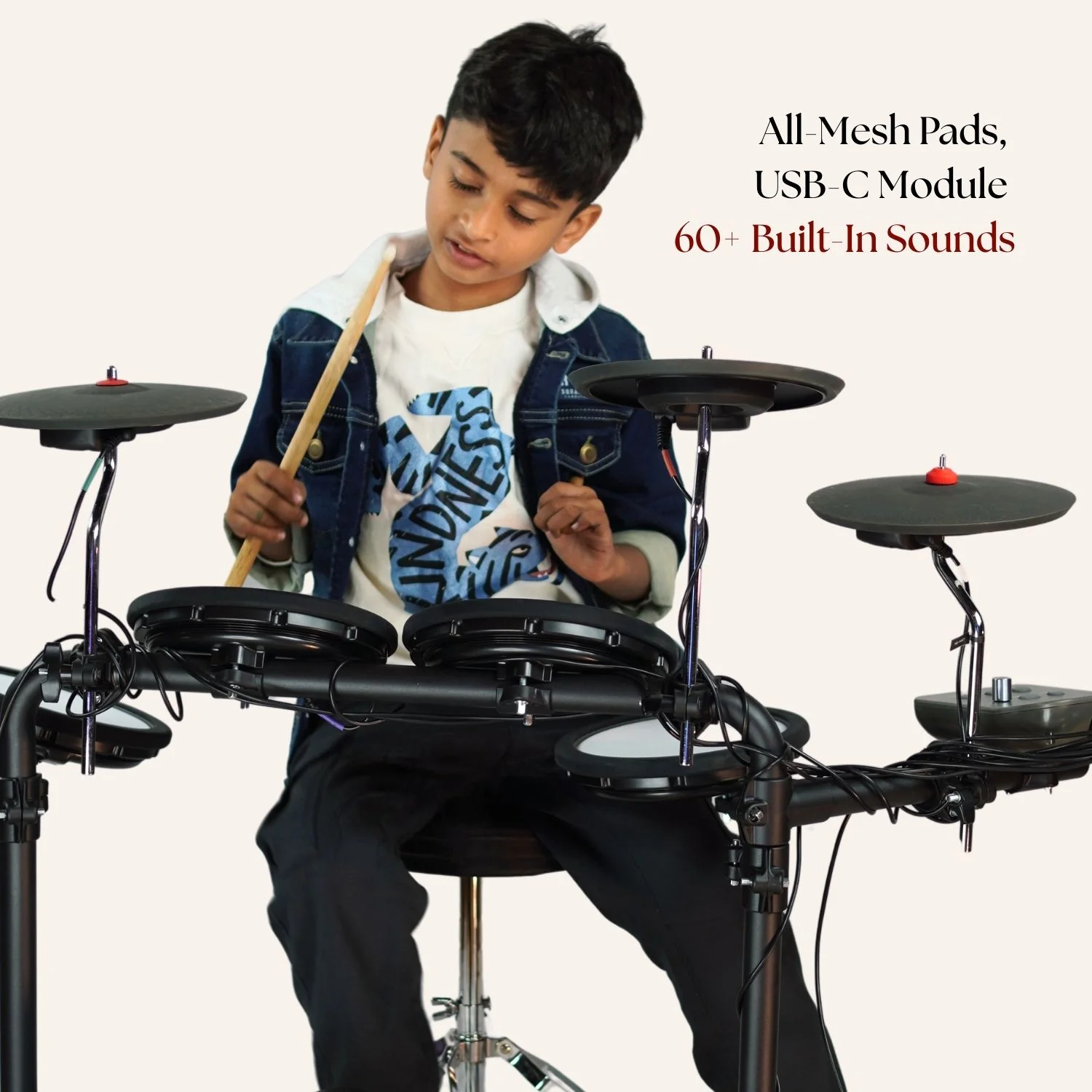 Vault Impact Junior Electronic Drum Kit for Kids with All-Mesh Pads, USB-C Module and 60+ Built-In Sounds – Junior Sized for Kids Under 12 - Image 2