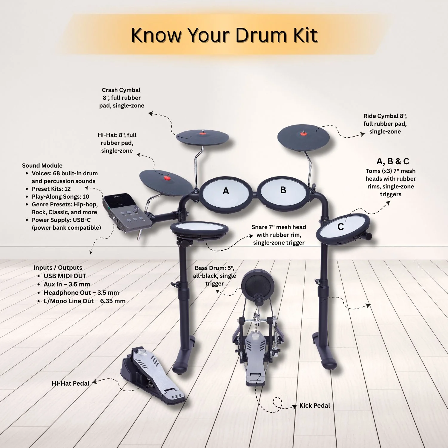 Vault Impact Junior Electronic Drum Kit for Kids with All-Mesh Pads, USB-C Module and 60+ Built-In Sounds – Junior Sized for Kids Under 12 - Image 3
