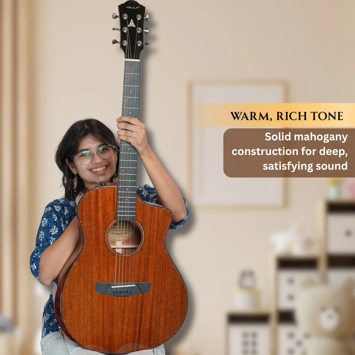 Vault Performer Pro All Solid Mahogany Premium Electro Acoustic Guitar With Paded Gigbag - Image 3