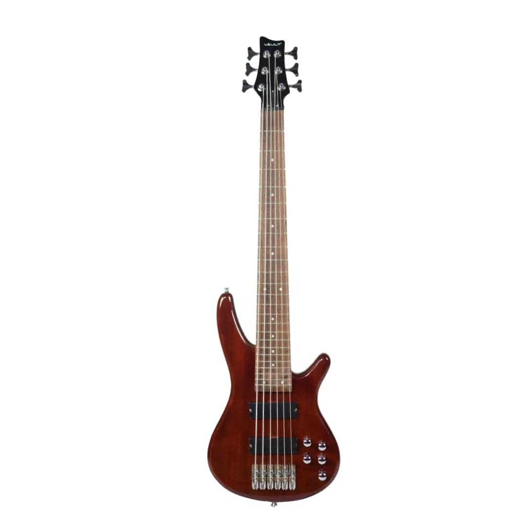 Vault Performer Pro RB6 Six String Electric Bass Guitar with Gigbag - High Gloss Solid Mahogany - Image 2