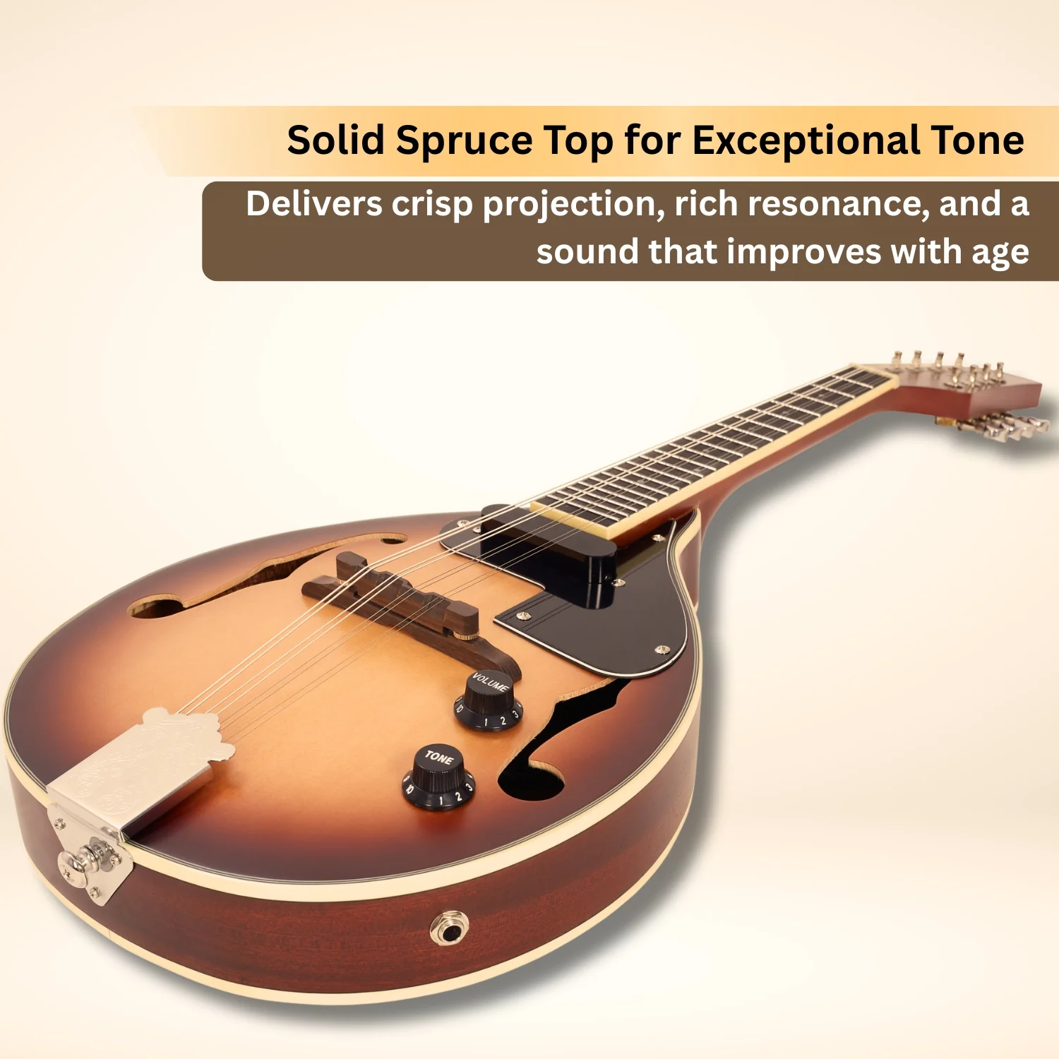 Vault Sajni A-Style Solid Spruce Top Electro-Acoustic Mandolin – Tobacco Sunburst, with EQ & Bag - Image 7