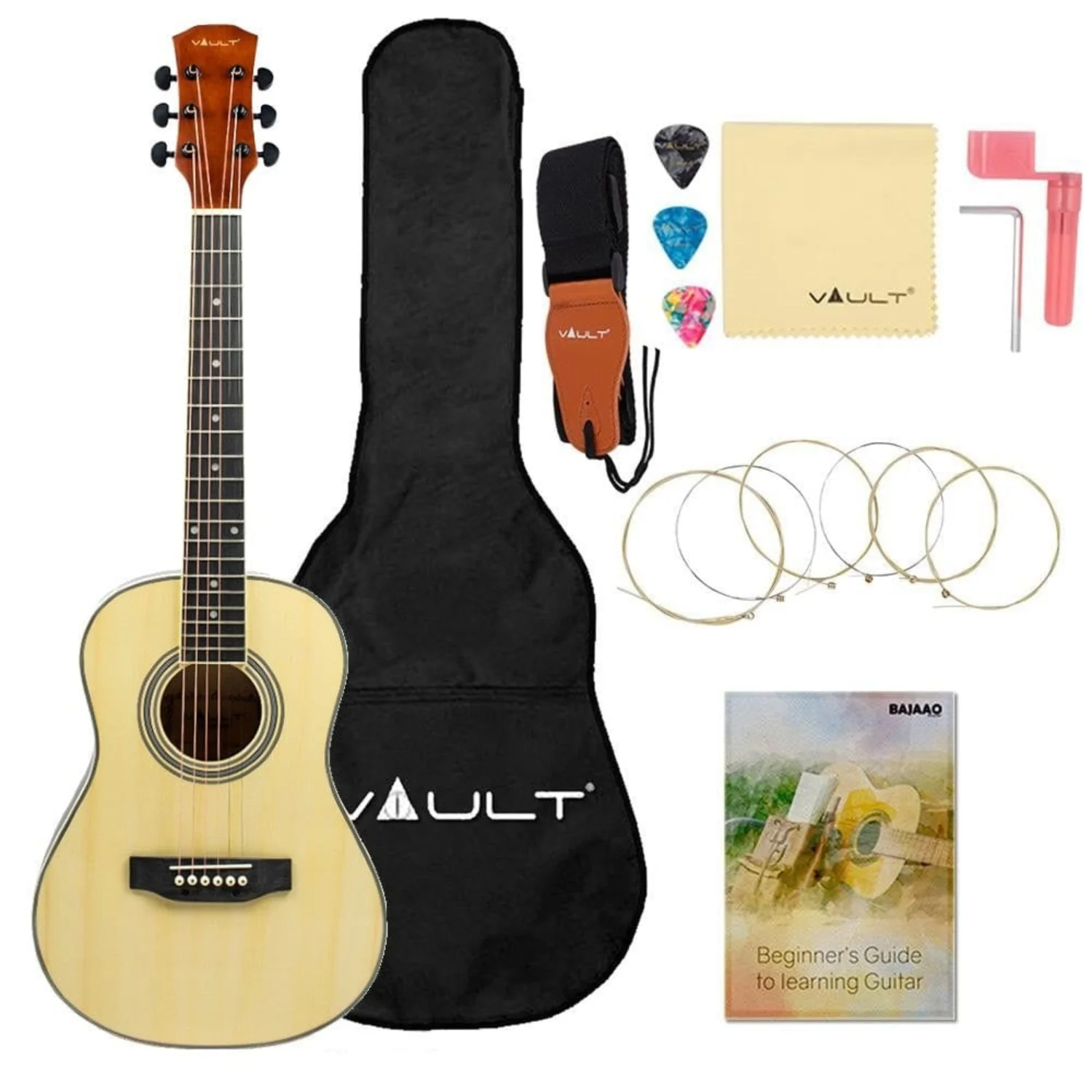 Vault Traveler 34 Inch Acoustic Guitar With Truss Rod, Bag, Strap, Strings, Polishing Cloth, String Winder and Picks - Perfect for Kids (Age 9-12 Years)