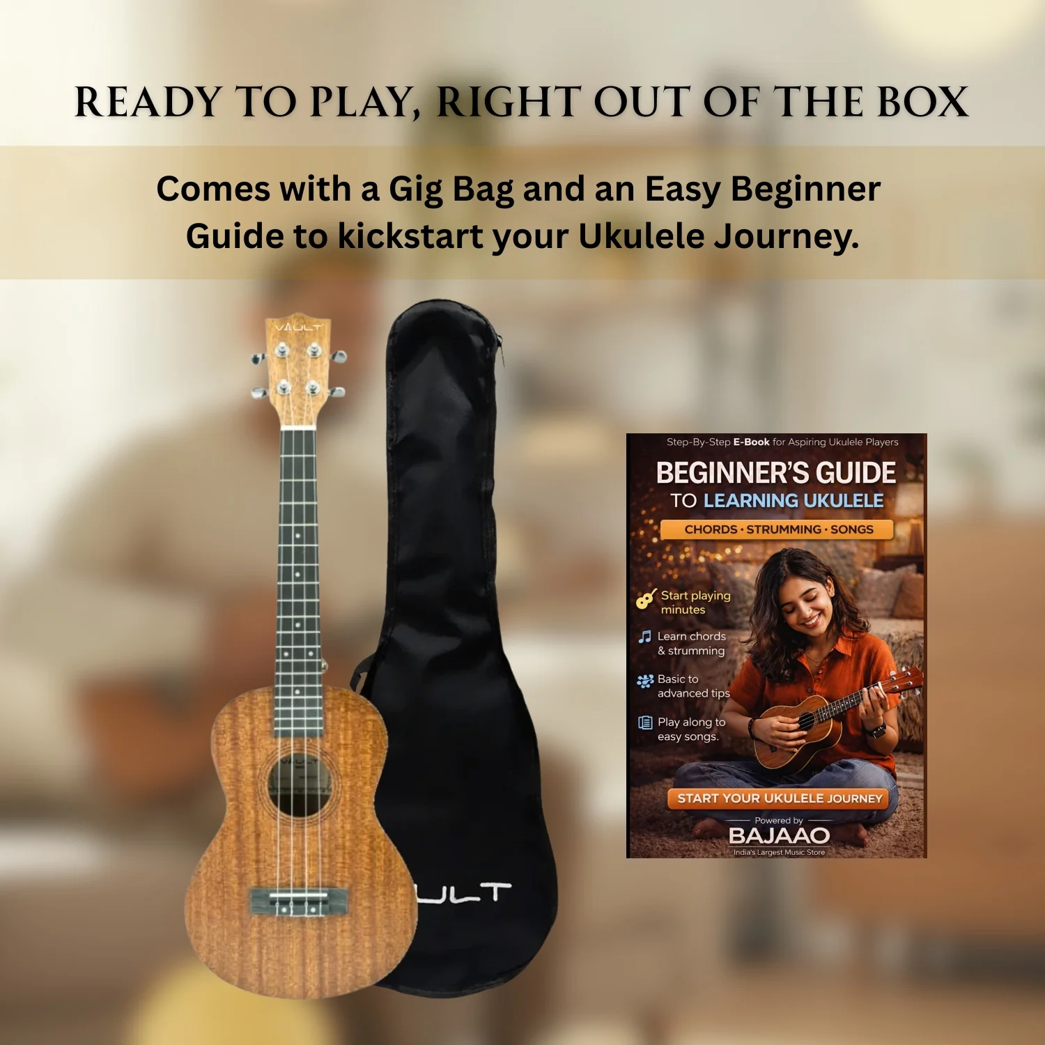 Vault UK-100T 26-inch Arched Back Tenor Ukulele With Gig Bag & Ebook - Image 3