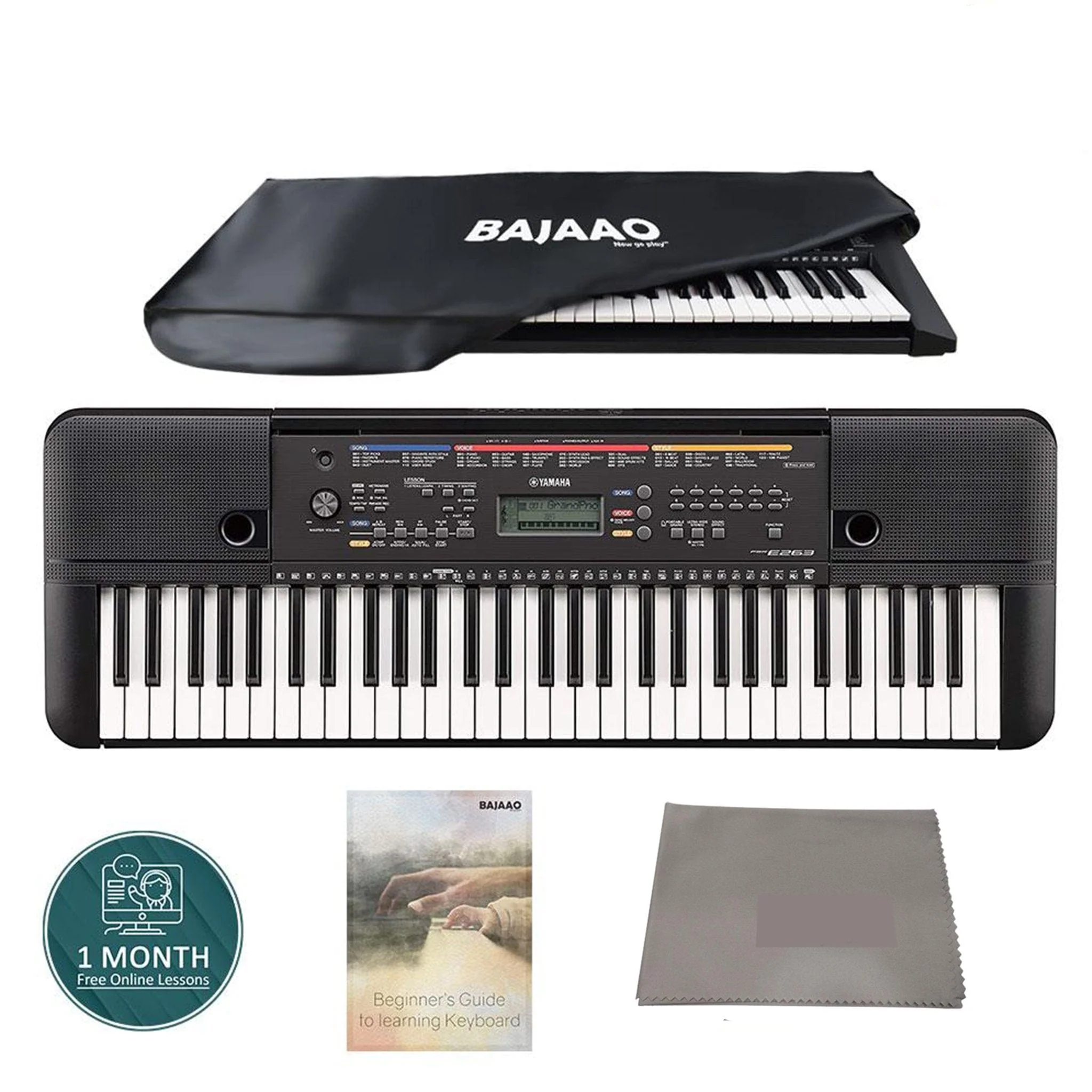 Yamaha PSR E263 61 Key Portable Keyboard Bundle with Dust Cover, Polishing Cloth, Online Lessons & Ebook